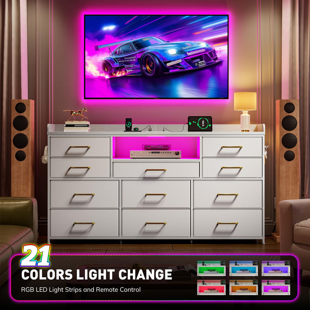 LED Dresser with Charging Station, 11 Drawers & 4 Hooks K583079