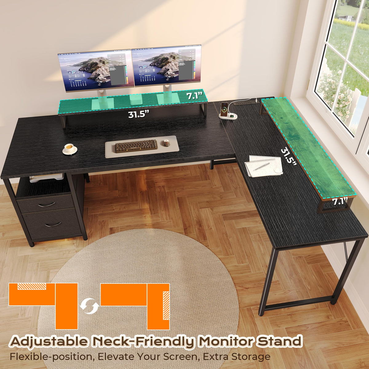 63 Inch L Shaped Desk with Power Outlets and USB-C Port, Black O54137
