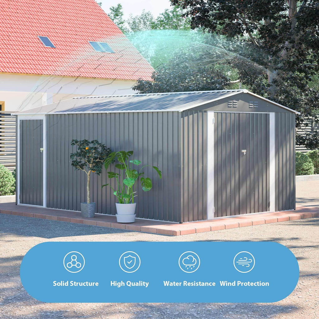 10x14 FT Waterproof Metal Storage Shed with 3 Lockable Doors R677358