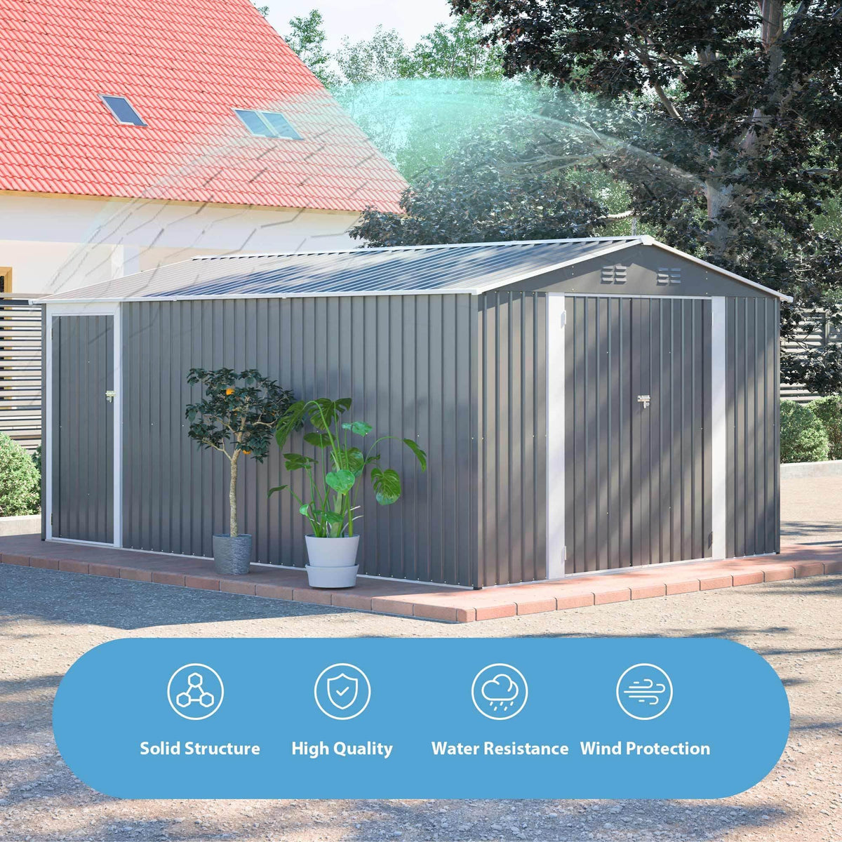 10x14 FT Waterproof Metal Storage Shed with 3 Lockable Doors R677358