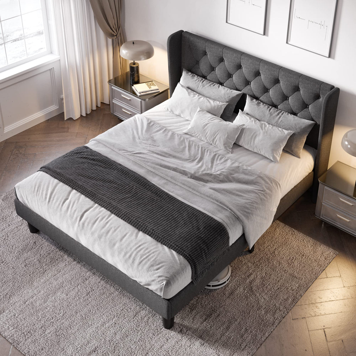 Queen Bed Frame with Button Tufted Wingback Headboard J514