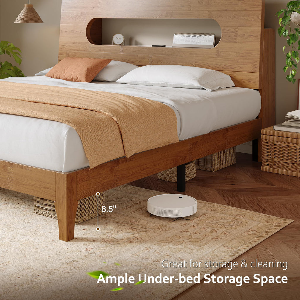 Queen Size Solid Wood Bed Frame with Storage Headboard, Brown Y883