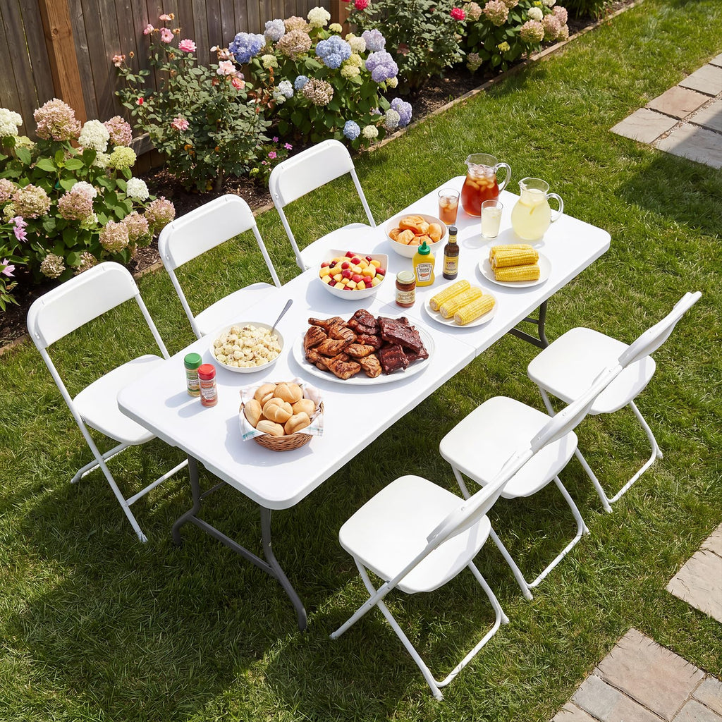 6 FT Folding Picnic Table with 6 Folding Chairs White G875