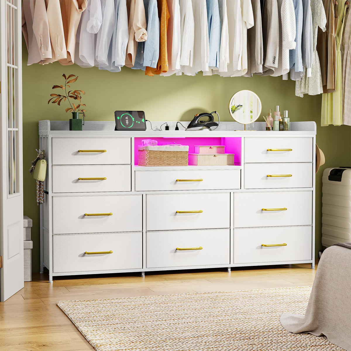 LED Dresser with Charging Station, 11 Drawers & 4 Hooks K583079