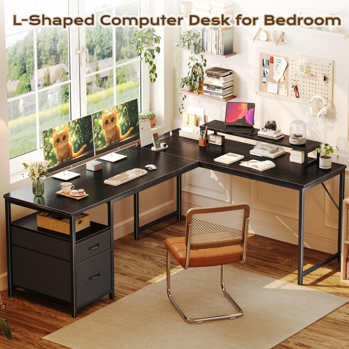 63 Inch L Shaped Desk with Power Outlets and USB-C Port, Black O54137